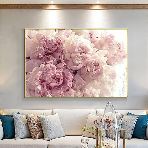 HOLEILUCK Pfingstrosen-Aquarellgemälde, moderner Leinwanddruck, Wandkunst, Poster, rosa Blumenbild für Flur, Wohnzimmer, Heimdekoration, 60 x 80 cm, mit goldenem Rahmen
