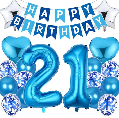 Feelairy Geburtstagsdeko 21 Jahre Junge, Luftballon 21. Geburtstag Deko Junge, Happy Birthday Deko Folienballon 21 Jahre Geburtstag Junge, Blau Ballon 21. Geburtstag Kinder Party Dekoration Set