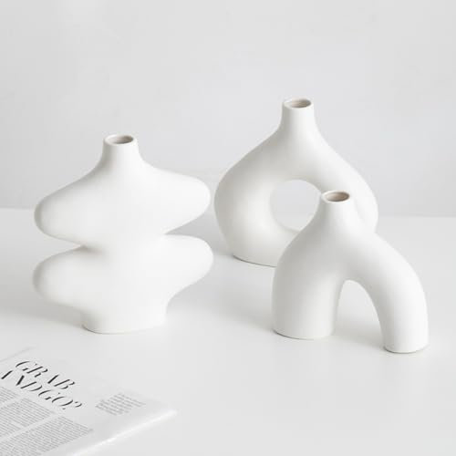 Deko Vasen 3er Set aus Keramik, Doppelberg Vase für Moderne Boho Nordic Minimalismus-Stil Dekoration, Blumenvase für Wohnzimmer, Hochzeit, Abendessen Tisch, Büro und Schlafzimmer - Weiß