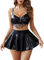 Avidlove Damen Dessous Set Latex Sexy Sommer Mini Röcke Kurz Leder Reizwäsche Babydolls 3-Teiliges Set Mit Fransen BH und Slip Rave Outfit Party Clubwear Schwarz L