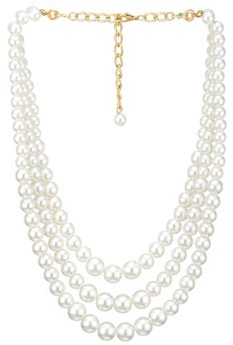 COOLSTEELANDBEYOND Drei Stränge Wasserfall Weiß Perle Halskette Statement Halskette Perlen Kette Geschichtet, Abendkleid Hochzeit