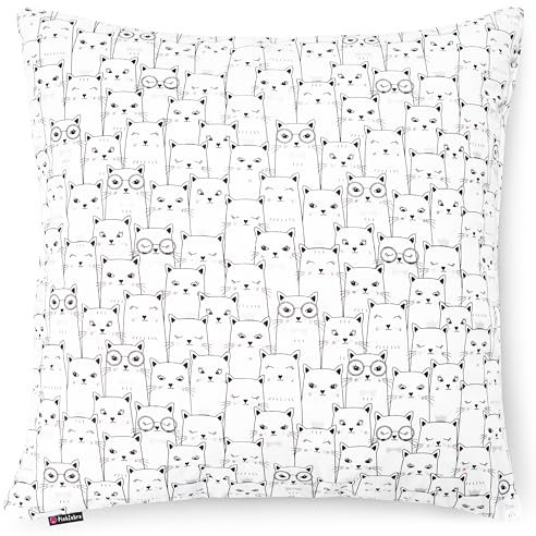 PinkZebra Kopfkissenbezug Kinder, Kissenbezug 80 x 80 cm aus 100% Baumwolle, Kissenhülle Jungen, Öko-tex Standard 100, Kinderbezüge mit Reißverschluss, Katzen Weiß