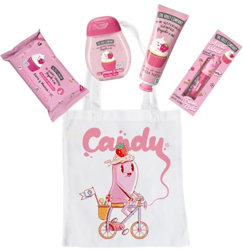 The Fruit Company Set Pack Regalo Fresa y Nata, Incluye Tote Bag Diseño, Aceite Labial, Gel de Manos, Colonia Eau de Toilette, Toallitas Húmeda | MSO