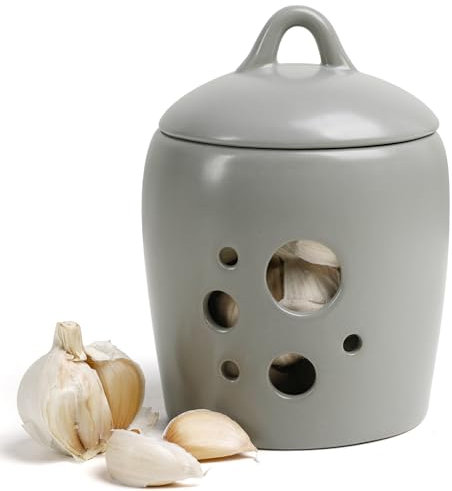 BosilunLife Garlic Keeper for Counter, 21 oz Ceramic Garlic Storage Pot with Lid, Garlic Holder Worktop for Kitchen, Keep Garlic Cloves Fresh Longer - Grey