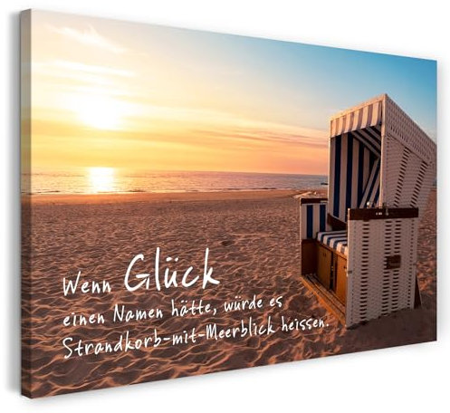 Printistico Leinwandbild (60x40cm) Meer Glück - Strandbild mit Meer Spruch und Strandkorb, echter Holz-Keilrahmen inkl. Aufhänger, handgefertigt in Deutschland