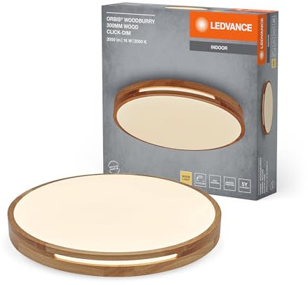 LEDVANCE ORBIS Woodburry LED-Wand-/Deckenleuchte mit Holzdekor, 16W, 1000lm, 3000K, 300mm Durchmesser, 830 freundliches Warmweiß, IP20 Schutz, Montageschrauben und Dübel inklusive