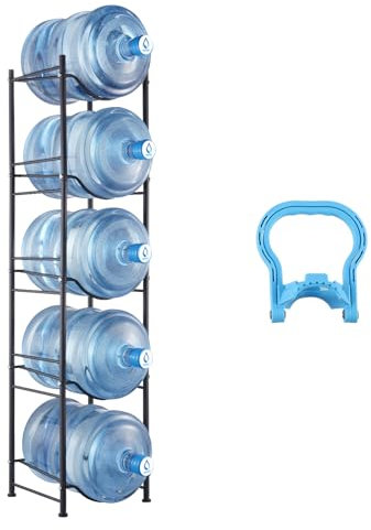 VEVOR 5 Tiers Water Jug Holder, 5 Gallon Water Bottle Holder, Single Row Water Bottle Rack for 5 Bottles, Heavy Duty Water Jug Rack for Kitchen, Office, Living Room, Black