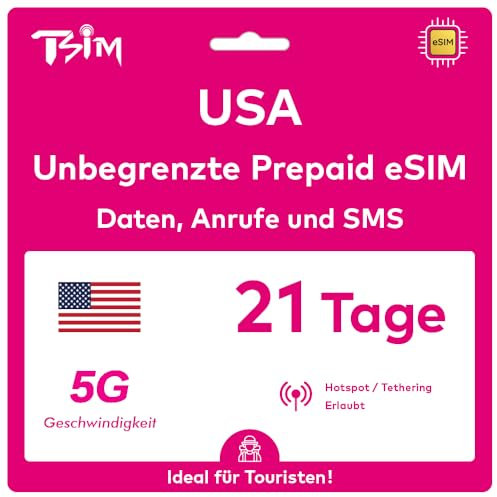 USA eSIM 21 Tage. T-Mobile Netzwerk mit Unbegrenzt Highspeed-Daten, Lokale Anrufe und SMS in den USA (Hawaii Inklusive). Erhalte eSIM Am Selben Tag per E-Mail und Beginne Sofort mit der Nutzung!