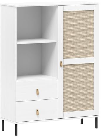 möbelando Highboard >WZ-0800< 2 Schübe, 1 Tür, Kiefer massiv weiß lackiert - 100x136x40 (BxHxT)