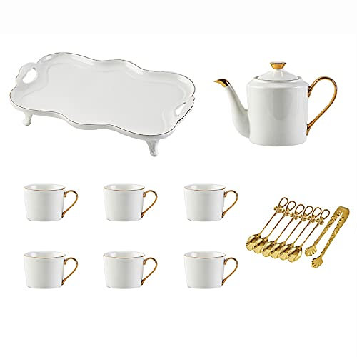 Set da tè in porcellana bianca Set da tè con vassoio cucchiaini, teiera da 1200 ml, 6 tazze da 240 ml, servizio da tè moderno