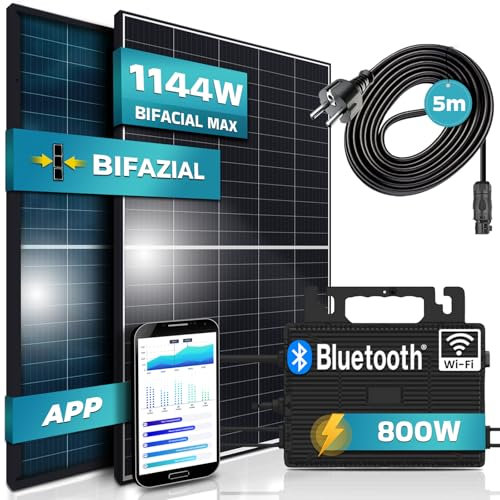 SUNNIVA® 1144W Balkonkraftwerk 800W komplett Steckdose, Astro Energy 800W Wechselrichter, PV Solaranlage Komplettset, 2x 440W BIFAZIAL, BLACK Frame, Single Glas Solarmodule, inkl. 5m Kabel - Bluetooth