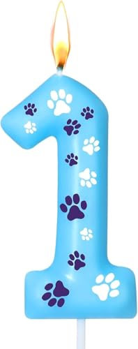 Ovaletta Blaue Geburtstagskerzen Zahlen 1 mit Pfotenabdruck, Kerzen Geburtstag, Blaue Geburtstagskerze, Geburtstagskerzen für Torte, Kerze 1, Kuchenaufsatz für Jungen, Mädchen, Hunde Partyzubehör