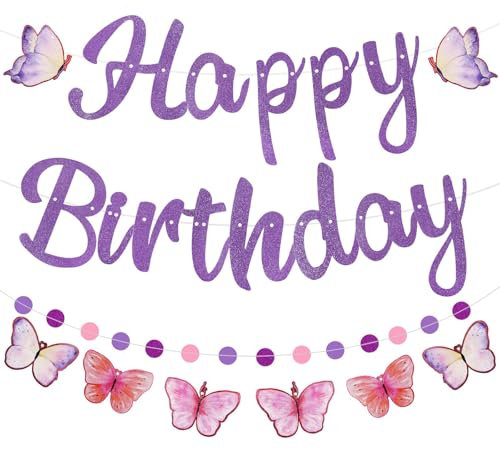 Lilbitty 1 juego de decoración de cumpleaños lila con mariposas, guirnalda de feliz cumpleaños para mujeres y niñas, juego de decoración de fiesta de cumpleaños, no DIY pancarta de cumpleaños,
