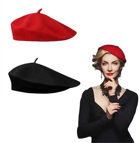 SDXCJY Baskenmützen für Erwachsene, Vintage-Mischgewebe, französische Baskenmütze, Unisex, weich, warm, für den Außenbereich, klassisch, einfarbig, Einheitsgröße, 2 Stück, Schwarz, Rot, Einheitsgröße