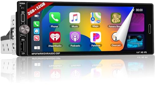 Podofo Wireless CarPlay Android Auto 1Din Radio de Coche, 2+32G Pantalla Coche Táctil 6.86 Pulgadas Android Bluetooth Autoradio, Soporte MirrorLink/FM/USB/Bluetooth/AUX/EQ/SWC/Carging + Cámara Trasera