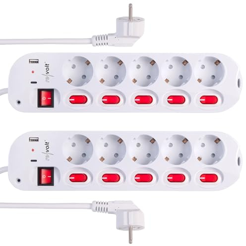 revolt Steckleiste: 2er-Set 5-fach-Steckdosenleiste, einzeln schaltbar, 1x USB-C, 1x USB-A (Tisch Steckdosenleiste mit, mit Anschluss, DVD)