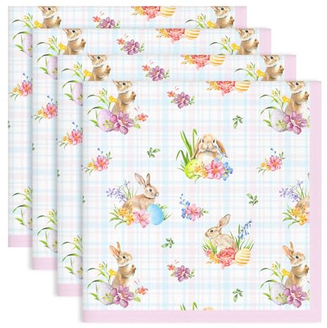 Arquiel Servietten Osterhase Rosa 4er-Set, Stoffservietten 100% Baumwolle Ostereier Dekoratives Weiches Wiederverwendbare Esstisch Servietten für Ostern Kinder Küche Haushalt(45×45cm)