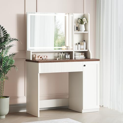 Dripex Schminktisch mit Beleuchtung, Schminktisch mit Spiegel, Vanity Desk 3 Farben mit Einstellbarer Helligkeit, Dressing Table stabil, 90x139cm, Vintag Braun