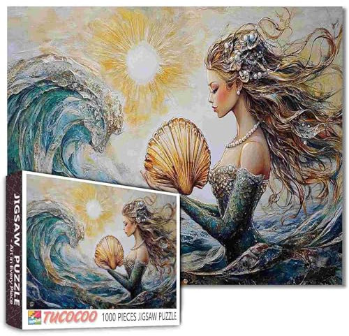 Puzzle 1000 Teile für Erwachsene, Familien (Meerjungfrauen-Mädchen, Perle, Sonnenuntergang, Muschel, Welle, Frau, Meer), Teile passen perfekt zusammen, 50 x 70 cm, gerahmtes magisches Puzzle