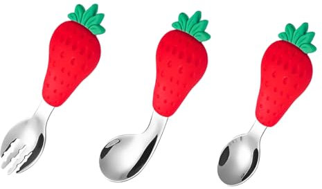 ZUWIJEQ 3 Set di Posate in Silicone e Acciaio Inossidabile per Bambini, Alimentazione Cucchiaio,Cucchiaio e Forchetta per Bambini Senza BPA con Impugnatura in Silicone(Rosso)