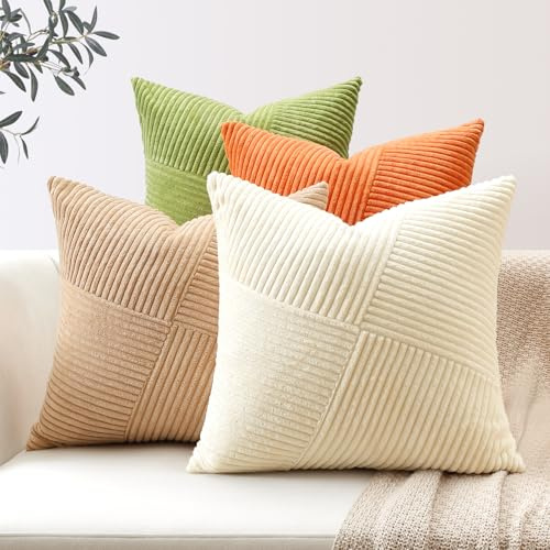 Sungeek 4er Set Cord Kissenbezüge, Windmühle Streifen Kordsamt Kissenbezug Sofakissen Dekokissen Patchwork Design Deko Zierkissenbezüge Kissenhülle für Wohnzimmer (40x40cm, Grün Orange)