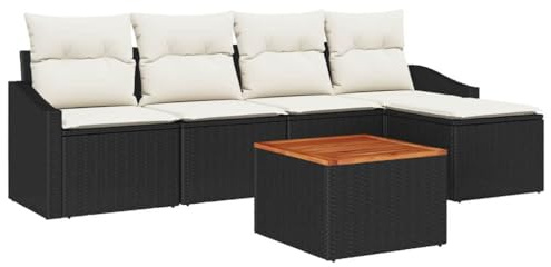 vidaXL 6-teiliges Gartensofa-Set mit Kissen in Schwarz und Weiß – Poly Rattan, Akazie. Stylishe modulare Sitzgelegenheit für Terrasse und Garten, modernes Lounge-Design.