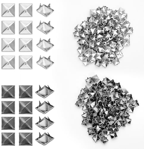200 Stück Nieten, Ziernieten für Leder, DIY 9 mm Quadratische Pyramidennieten mit Klauen in Schwarz und Silber