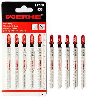 WERHE® Jigsaw blade T127D 5 pieces for metal cuts - for precise cutting of aluminium sheets (3-15mm) - metal saw blade for jigsaw with T shank holder - jigsaw accessories