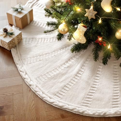 Lanpn Weihnachtsbaum Decke 150cm Christbaumdecke Extra Groß Gestrickter Weihnachtsbäume Rustikal Unterlage Teppich Weihnachtsbaum Rock Urlaub Baumdecke für Christbaumschmuck Weihnachtsdeko (Beige)