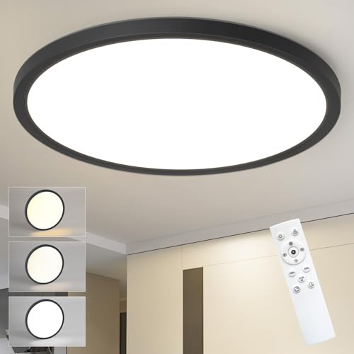 Laittiin Deckenlampe LED Deckenleuchte Badezimmer - Ø30CM Schlafzimmerlampe | Schwarz Dimmbar 24W Flurlampe IP44 Wasserfest Badezimmerlampe 3000K-6500K Flach Rund Küchenlampe für Küche Balkon Flur