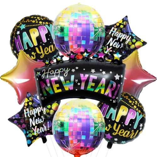 Ballons Silvester, Silvesterdeko Luftballons, New Years Folienballon, 9 Stück Neujahrsballon mit Disco, Happy New Year, Stern Ballons, Neujahr Dekoration Set für Silvesterparty Zubehör