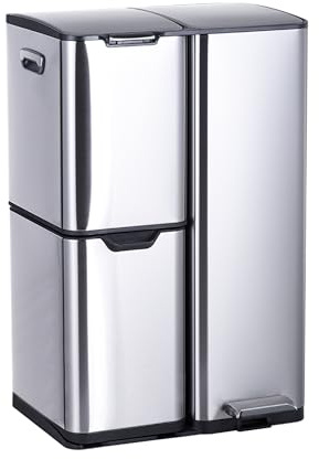 Relaxdays Mülleimer, 3 Fächer, 60 L, entnehmbare Inneneimer, Soft Close, Fußpedal, Edelstahl, Mülltrenner Küche, Silber