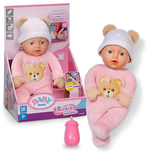 BABY Born Interactive Rosie 30 cm Babypuppe mit 6 Soundfunktionen | Weicher Stoffkörper, Fläschchen inklusive, 6 Soundfunktionen, ab 1 Jahr