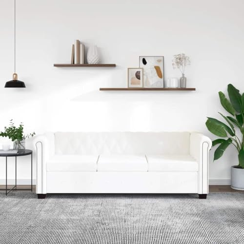 Teenpull Chesterfield Sofa 3-Sitzer, Weißes Kunstleder, Luxuriöses Design, Holzrahmen, 200.5 cm Breite, Wohnzimmer Möbel