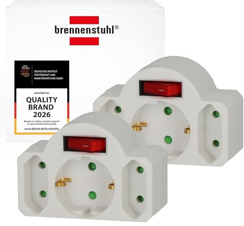 Brennenstuhl 2er Set Mehrfachsteckdose, Steckdosenadapter 3-Fach | Mit Schalter, Zwischenstecker bestehend aus 2x Eurosteckdose & 1x Schutzkontakt, weiß