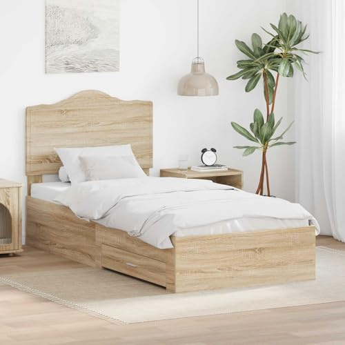 Molumvel Bettgestell 70 x 190 cm Sonoma-Eiche Einzelbett mit Kopfteil und Schublade Stauraumbett Holzwerkstoff Jugendbett