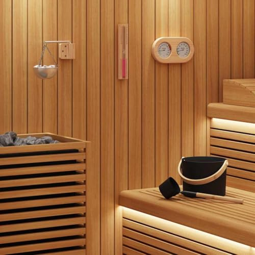 Mangloder Sauna Zubehör Set 5-teilig schwarz aus Aluminium und Kiefernholz, 7L Aufgusskübel mit Kelle, Thermometer Hygrometer, 15-Minuten Sanduhr und Aromaschüssel für Innen-Sauna