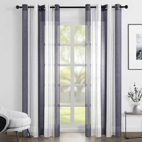 Topfinel Vorhänge mit Ösen Stores Gardinen Weiß-Grau Streifen Vorhang Halbtransparent kurz Ösenvorhang 140x220 cm Dekorieren Moderner Wohnzimmer