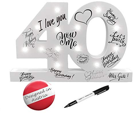 CREOFANT ® XL Gästebuch 40 Geburtstag Deko mit LED Beleuchtung 34 cm x 23,5 cm · Tischdeko Geschenkidee 40. Geburtstagsgeschenk batteriebetrieben inkl. Stift schwarz