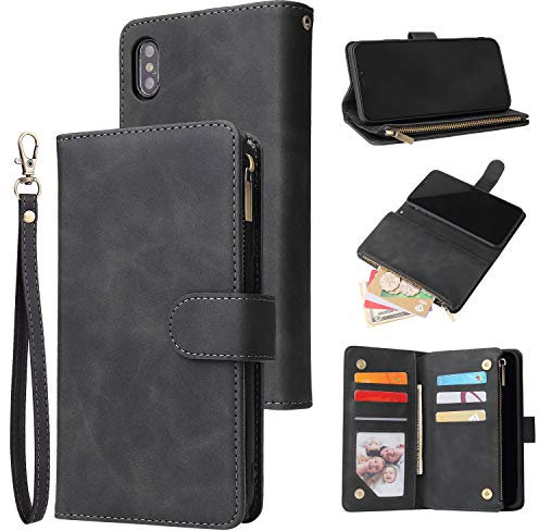 UEEBAI Wallet Case for iPhone XS Max, Premium Vintage PU Leather Magnetic Closure Handbag Zipper Pocket Cover Kickstand Card Holder Slots Wrist Strap TPU Shockproof Flip Case for iPhone XS Max - Black