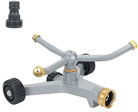STYDDI Metal Rotating Water Sprinkler for Lawn, Heavy Duty Metal 3-Arms Whirling 360 Degree Automatic Rotary Sprinkler with Wheeled Base for Small Areas, Garden, Yard, Cover up to 1,384 Sq. ft.