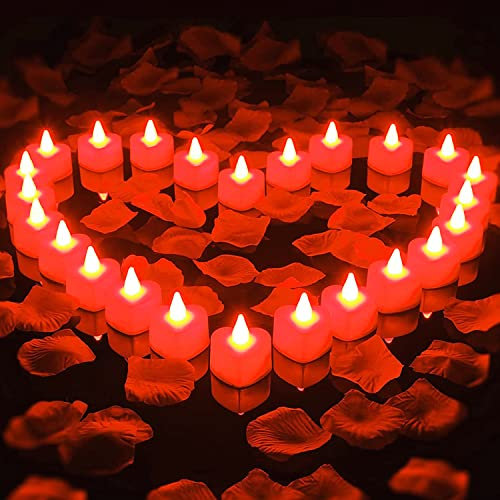 1000 pétales de Rose artificielles avec 24 Bougies LED en Forme de cœur Romantique - sans Flamme - pour Une Nuit Romantique, la Saint-Valentin, Un Anniversaire de Mariage, Une décoration