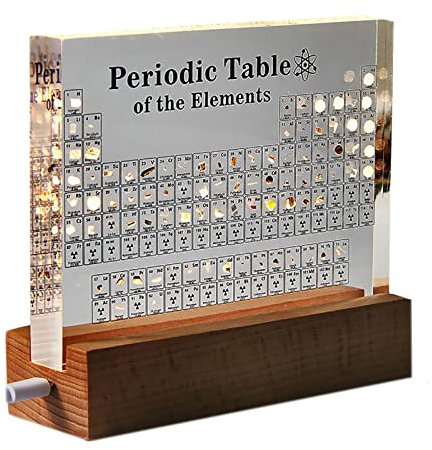 HGUIM Periodensystem mit Echten Elementen, Acryl Periodensystem with 83 Elementen mit Holzhalter Bunte für Schüler Lehrer Handwerk Dekor Chemie Tool,Clear
