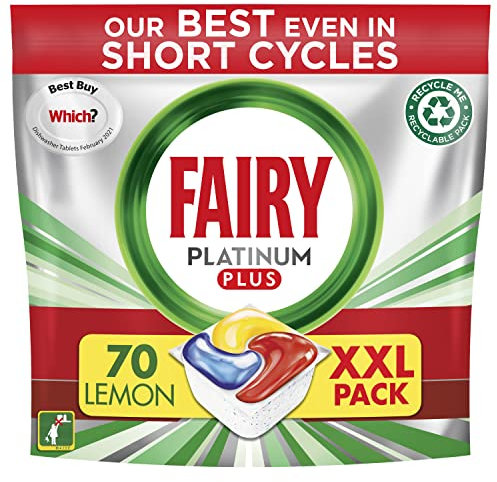 Fairy Platinum Plus All-In-1 Dishwasher Tablets Bulk, 70 Tablets, Lemon, XXL PACK, With Anti-Dull Technology & Rinse Aid Action