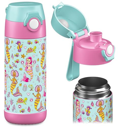 JARLSON® Trinkflasche Kinder MALI - Thermo Edelstahl Wasserflasche - BPA frei - auslaufsicher - Kinderflasche mit Chug Deckel- Flasche für Schule, Kindergarten - 350ml (Meerjungfrau, 350 ml)