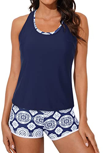 Aleumdr 3 Piece Athletic Tankini Swimsuits for Women with Shorts Swim Tank Tops with Sports Bra and Boyshorts Bathing Suits Blue X-Large