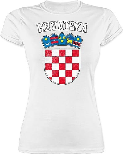Shirt Damen - Fußball EM WM - Kroatien Wappen Hrvatska Krotatisch - L - Weiß - Croatia Trikot fußballtrikot Europameisterschaft Croatian für Frauen kroatische Tshirt wm-Shirts Fussball kroatisch