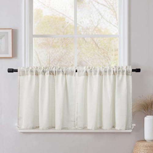 CUCRAF Scheibengardine Küchengardinen Bistrogardine 2er Set Natur Leinen H 45 x B 120 Hellbeige Halb Transparent Stores Gardinen Fenster Leinenvorhang Gardinenschal