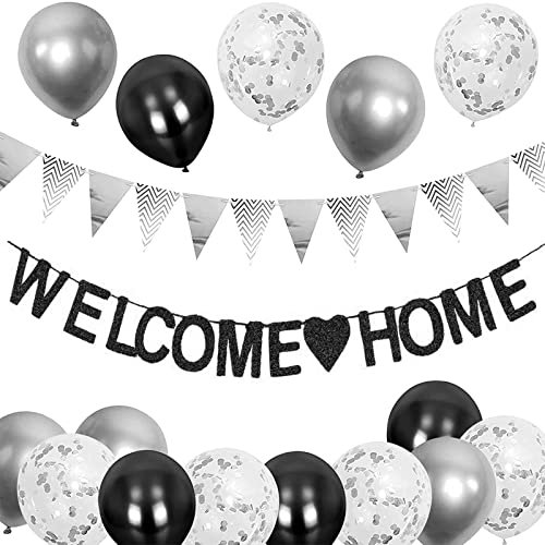 Globo de bienvenida para el hogar, decoración de bienvenida para el hogar, guirnalda de bienvenida para el hogar con banderín de 5 m, globos de lentejuelas en forma de corazón para el hogar, fiesta