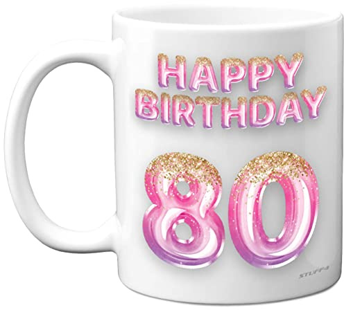 Happy Birthday Mug Present for 80 Year Old Mum Nanny Auntie Cousin Grandma | Pink Purple Glitter Balloons, Happy Birthday Mug Present for 80 Year Old Mum Nanny Auntie Cousin Grandma